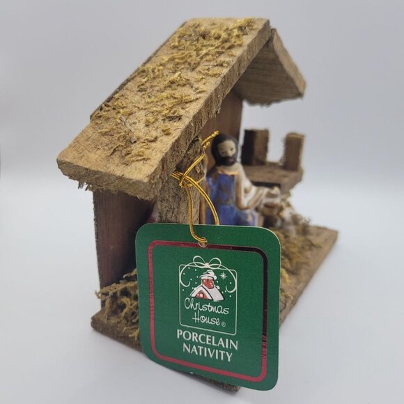 Christmas House Rustic Nativity Wooden Porcelain Moss Mary Joseph Baby Jesus - Picture 6 of 9